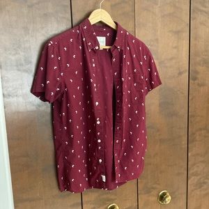 Men’s American Eagle Button Down - Short Sleeve, Palm Tree, Burgundy, Size Small